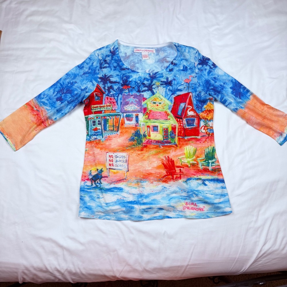 Leoma Lovegrove Womens Florida Beach Scene Graphic Top 3/4 Sleeve Multicolor M